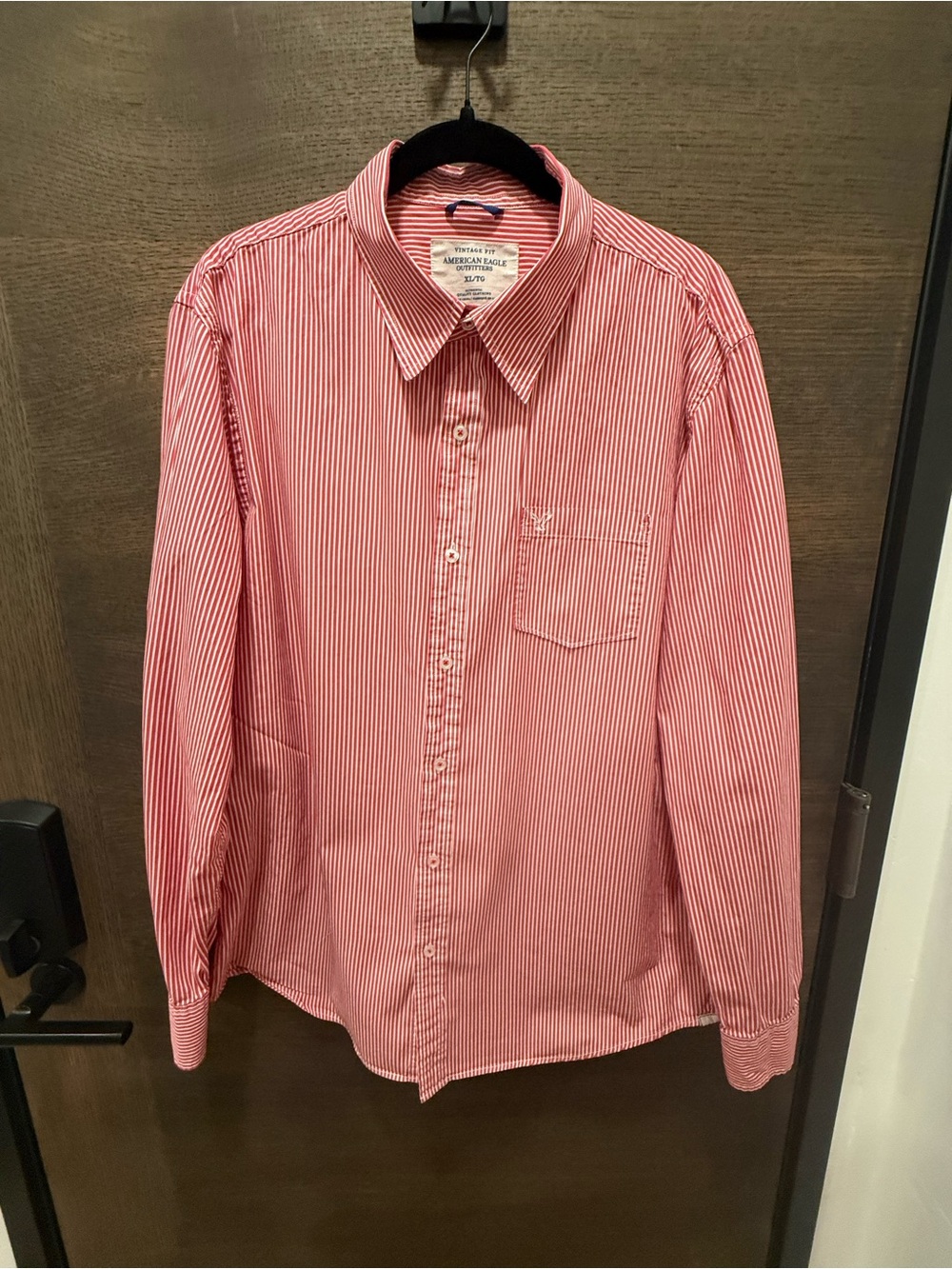 American Eagle Outfitters Red and White Fine-Stripe Button-Down Shirt